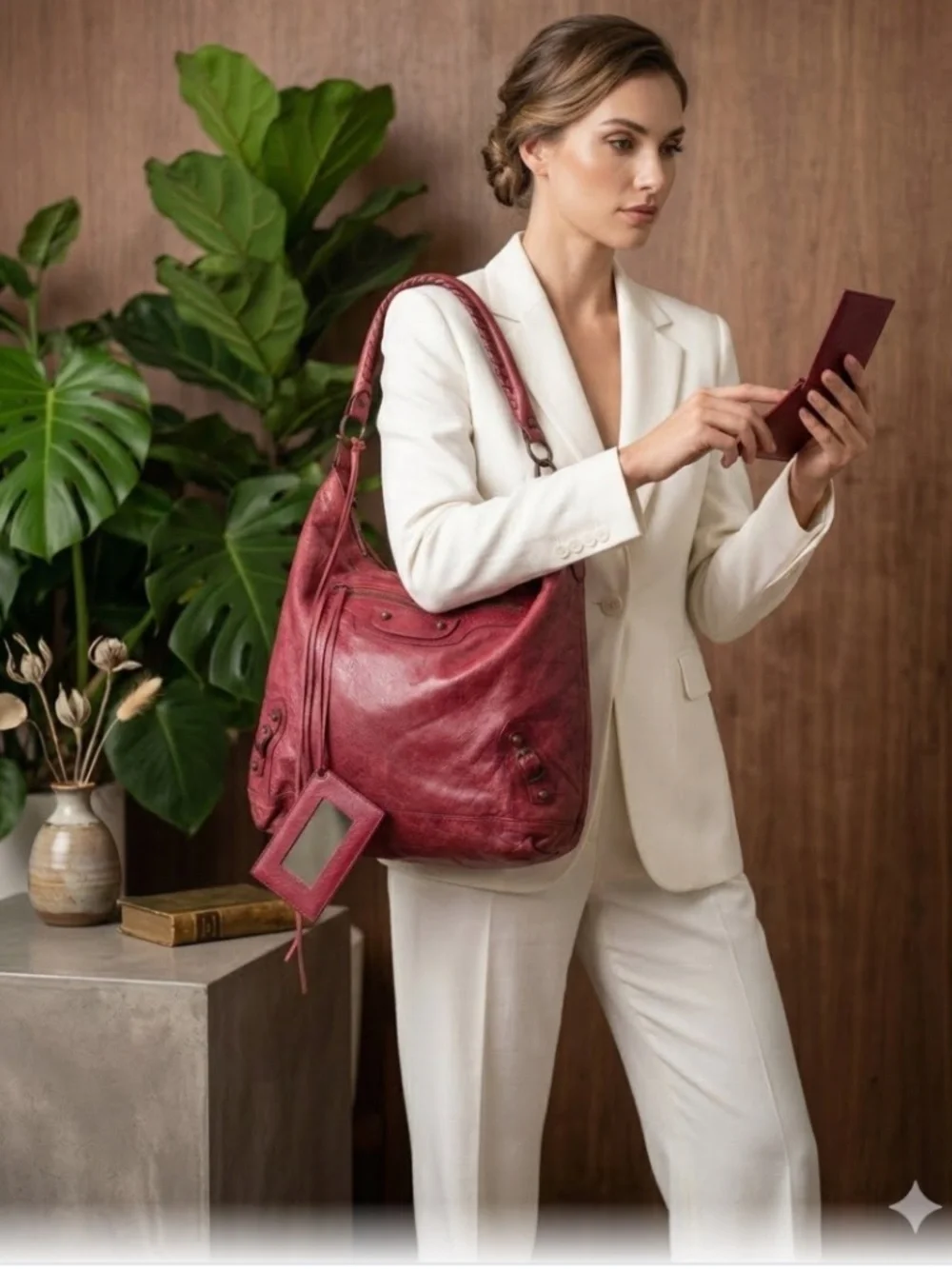 Balenciaga 06 Red Grenat Lambskin Leather Classic Day Hobo Handbag Purse Mirror